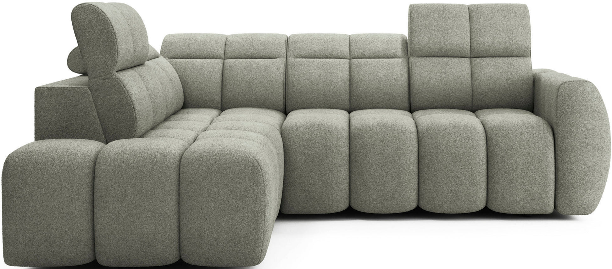 Nowoczesny narożnik Falconn Xillar 100 w kolorze jasnozielonym, widok od frontu, modułowa konstrukcja, regulowane zagłówki, miękkie pikowane siedziska.