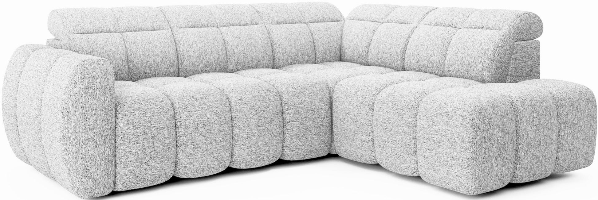 Narożnik Falconn w tkaninie Coralline 01 w kolorze białym, widok z przodu pod kątem, zaokrąglona forma, pikowana powierzchnia, nowoczesny styl.