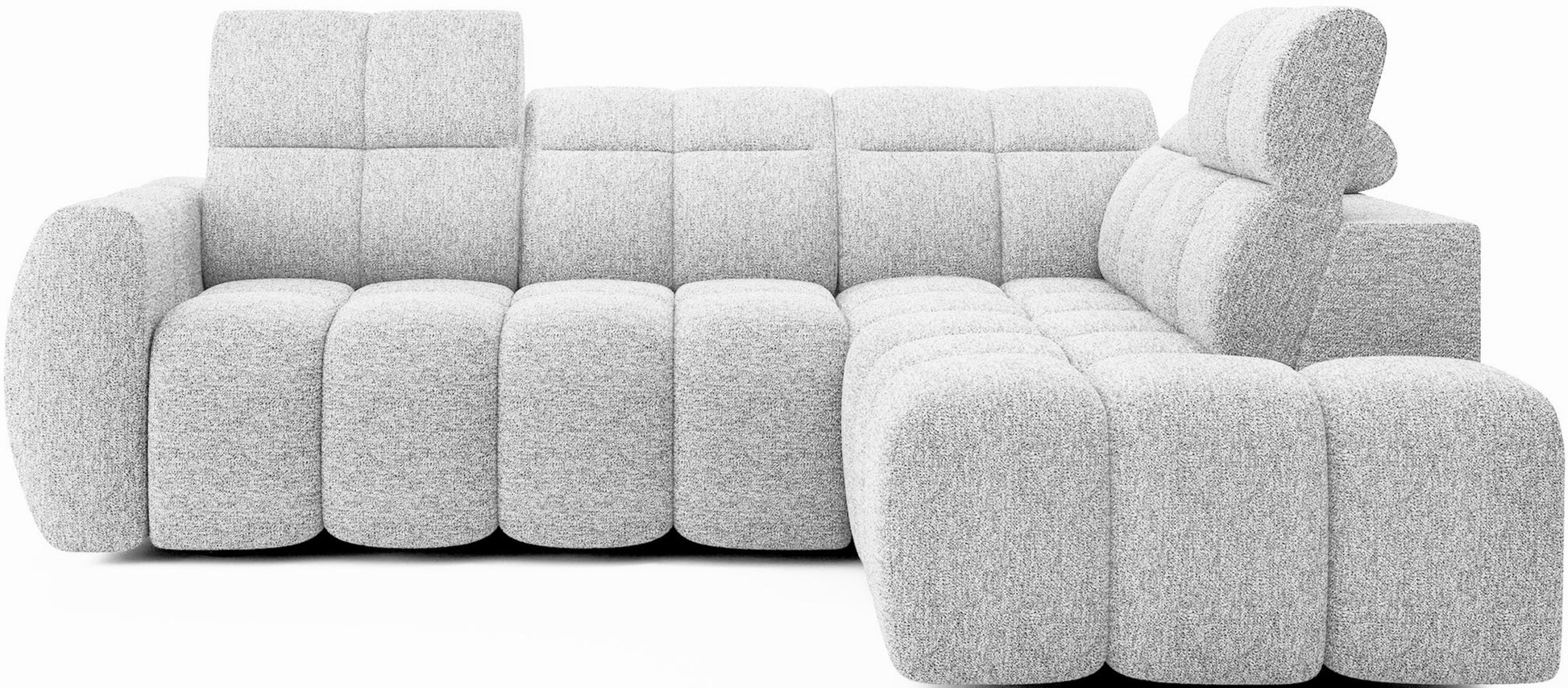 Narożnik Falconn Coralline 01 w białej tkaninie, widok od frontu, ukazujący modułową konstrukcję i podniesione zagłówki.