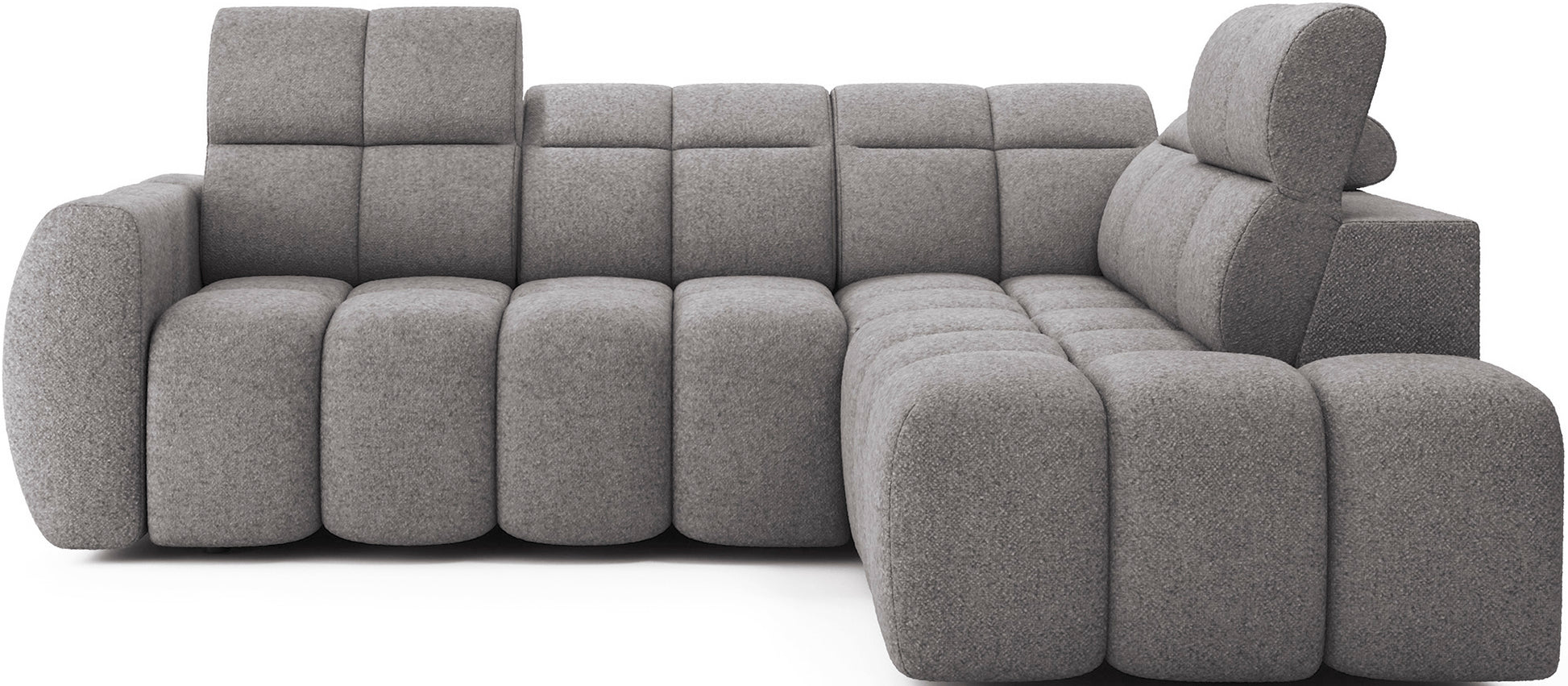 Szary narożnik Falconn w tkaninie Paolli 04 z charakterystycznie zaokrąglonymi siedziskami, widok frontalny z wyeksponowanymi zagłówkami.