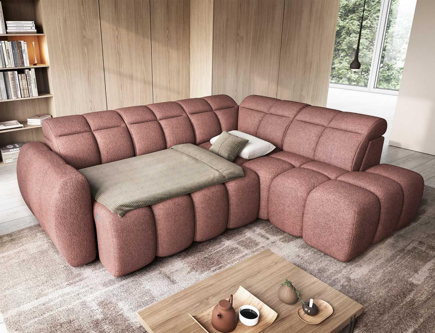 Narożnik Falconn z funkcją spania w tkaninie Paolli 24 różowy, rozłożony z pościelą w eleganckim salonie z drewnianymi panelami.