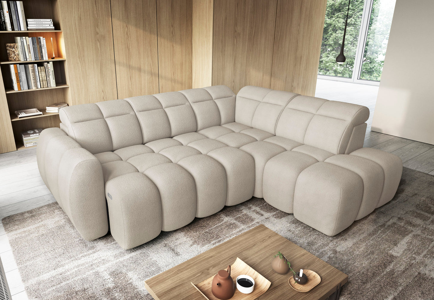 Narożnik Falconn Royal 18 w jasnej tkaninie, widok z góry pod kątem, w salonie z drewnianą zabudową i nowoczesnym wystrojem.