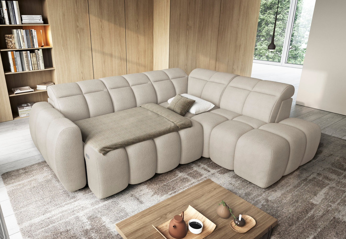 Narożnik Falconn Royal 18 w jasnej tkaninie, z rozłożoną funkcją spania i poduszkami, widok z góry w nowoczesnym wnętrzu salonu.