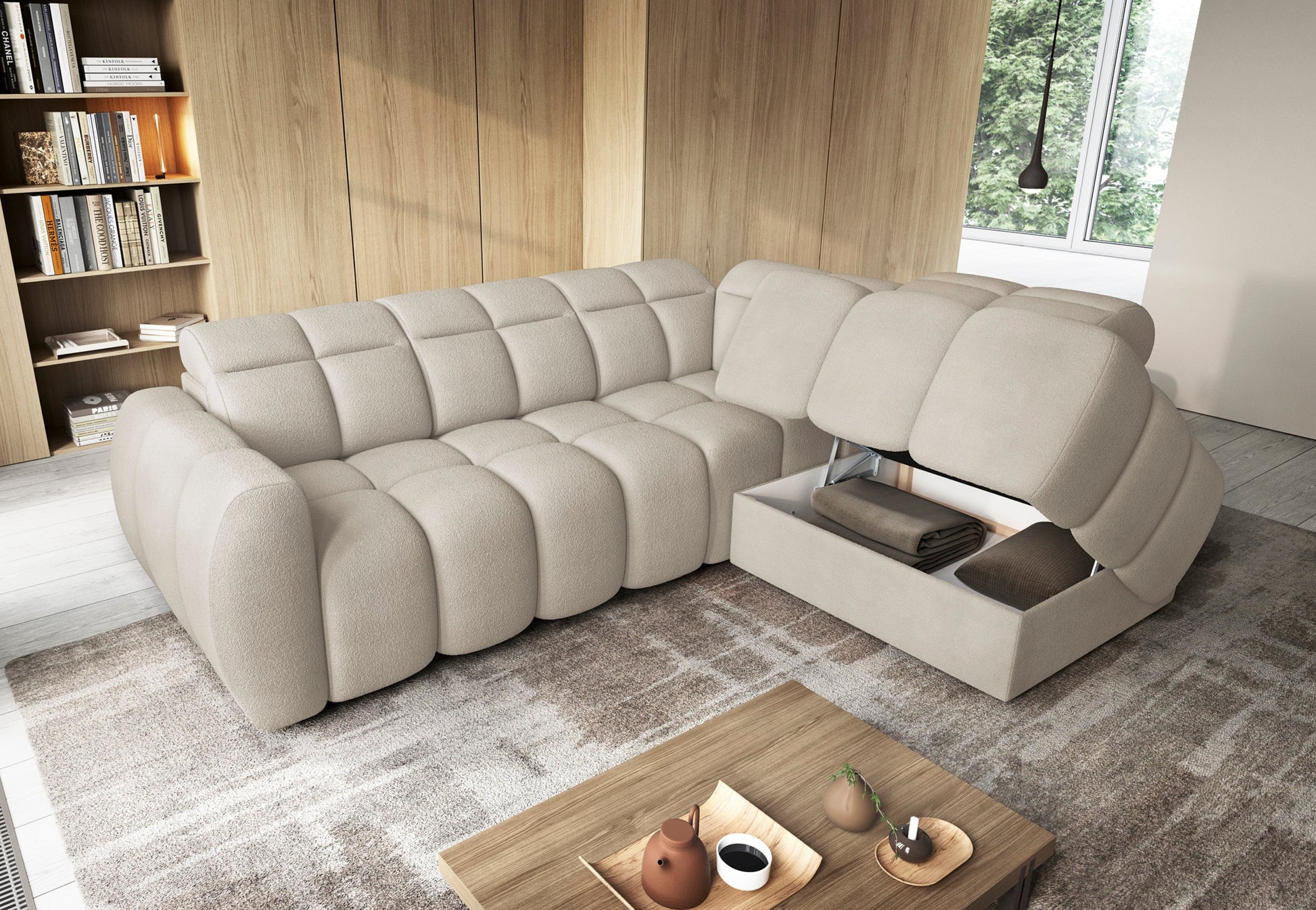 Narożnik Falconn Royal 18 w jasnej tkaninie z otwartym pojemnikiem na pościel, widok z góry w nowoczesnym, przytulnym wnętrzu.