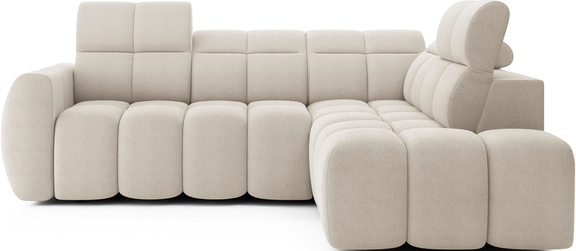 Narożnik Falconn Royal 18 z przodu, w tkaninie kremowej, z widocznymi pikowaniami, regulowanymi zagłówkami i masywnymi podłokietnikami.