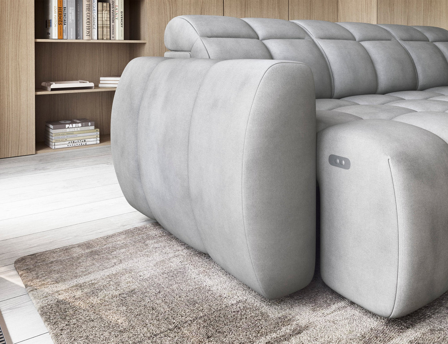 Boczek narożnika Sola 04 jasnoszary z elektrycznym sterowaniem siedziska – nowoczesne rozwiązanie do salonu.