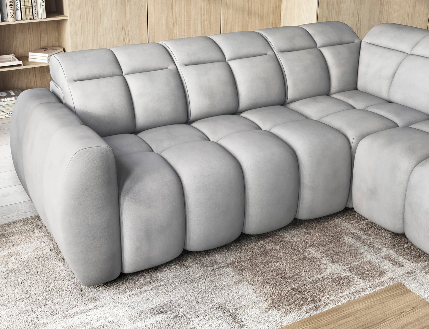 Nowoczesny narożnik Sola 04 jasnoszary z regulowanym, wsuniętym siedziskiem – komfort i elegancja do salonu.