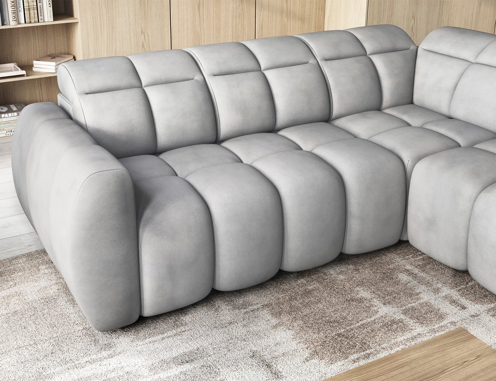 Nowoczesny narożnik Sola 04 jasnoszary z regulowanym, wsuniętym siedziskiem – komfort i elegancja do salonu.