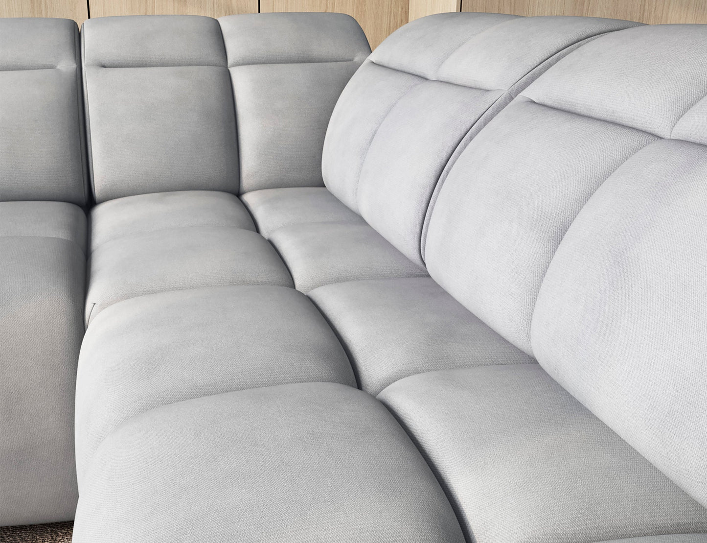 Zbliżenie na jasnoszary narożnik Sola 04 – miękkie siedziska, nowoczesny design i wysoki komfort do salonu w stylu skandynawskim.