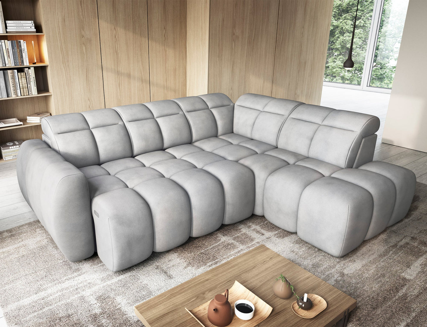 Jasnoszary narożnik Sola 04 z funkcją spania – rozkładana sofa modułowa z pojemnikiem na pościel, idealna do nowoczesnego salonu.