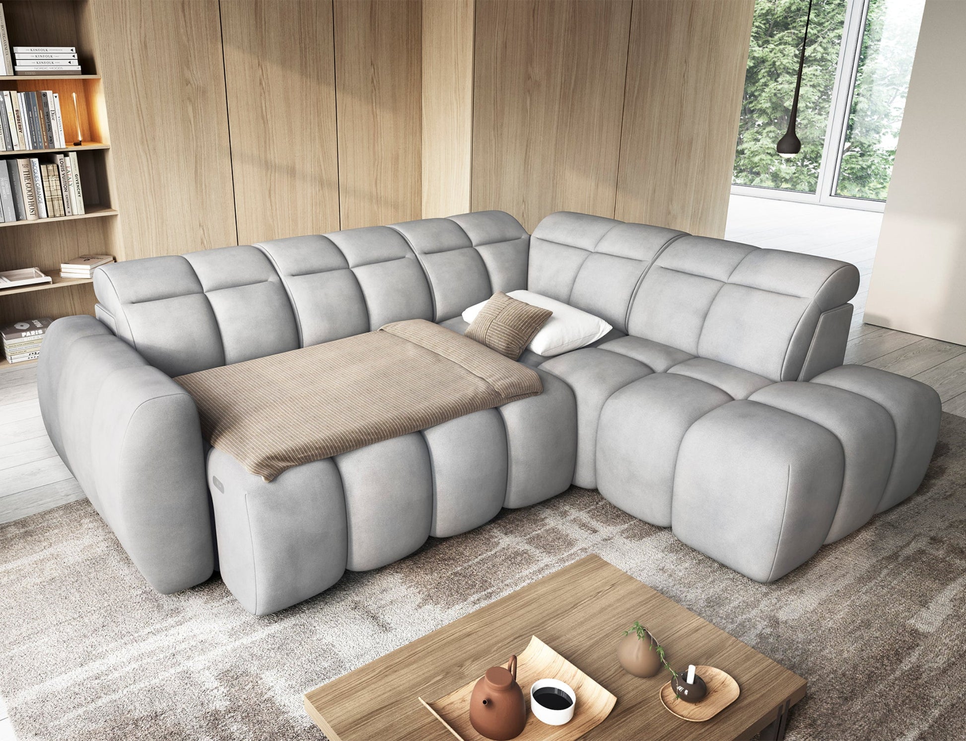 Jasnoszary narożnik Sola 04 z funkcją spania codziennego – rozłożona sofa z wygodnym miejscem do snu i nowoczesnym designem.