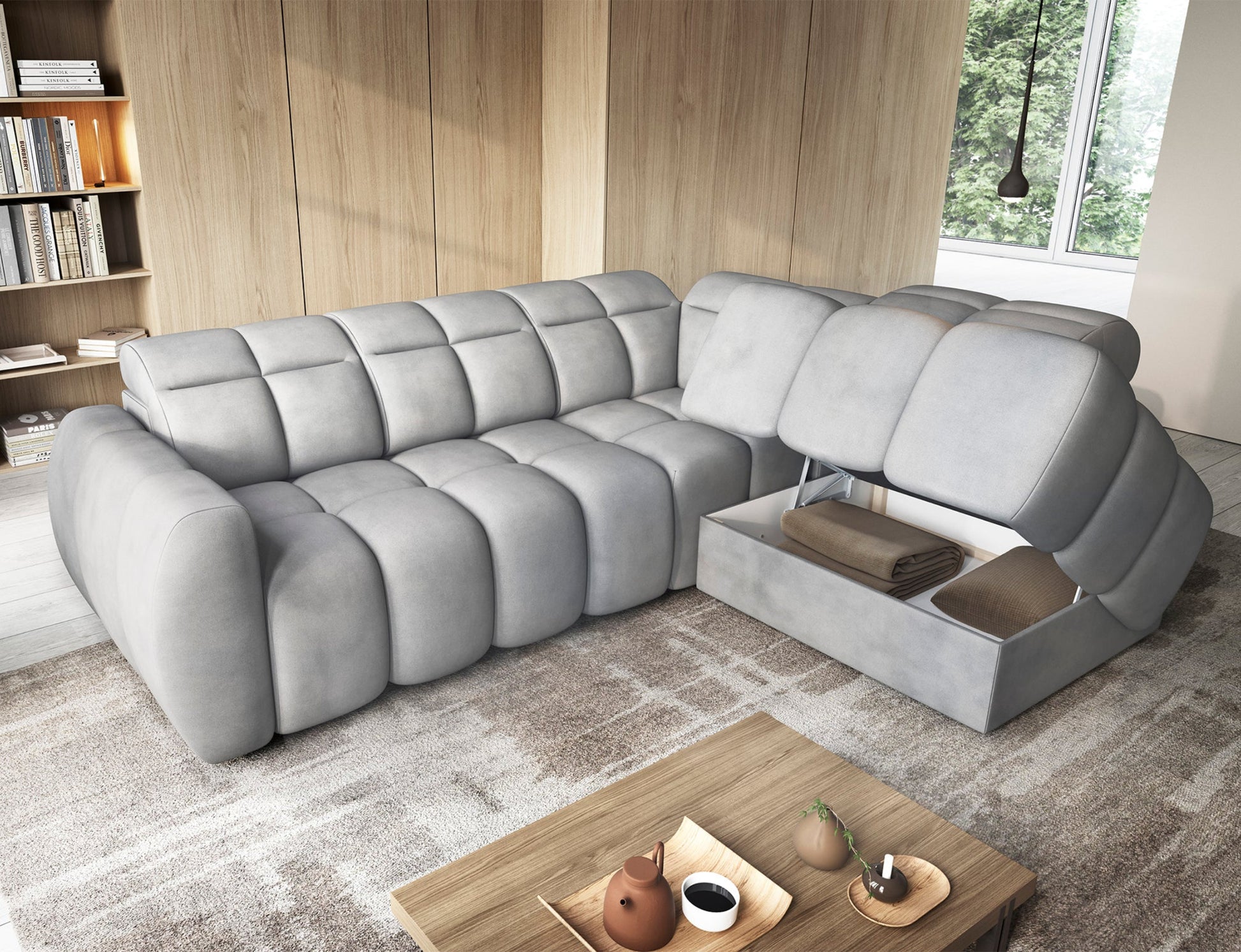 Jasnoszary narożnik Sola 04 z otwartym pojemnikiem na pościel – praktyczne przechowywanie i nowoczesna funkcjonalność w salonie.