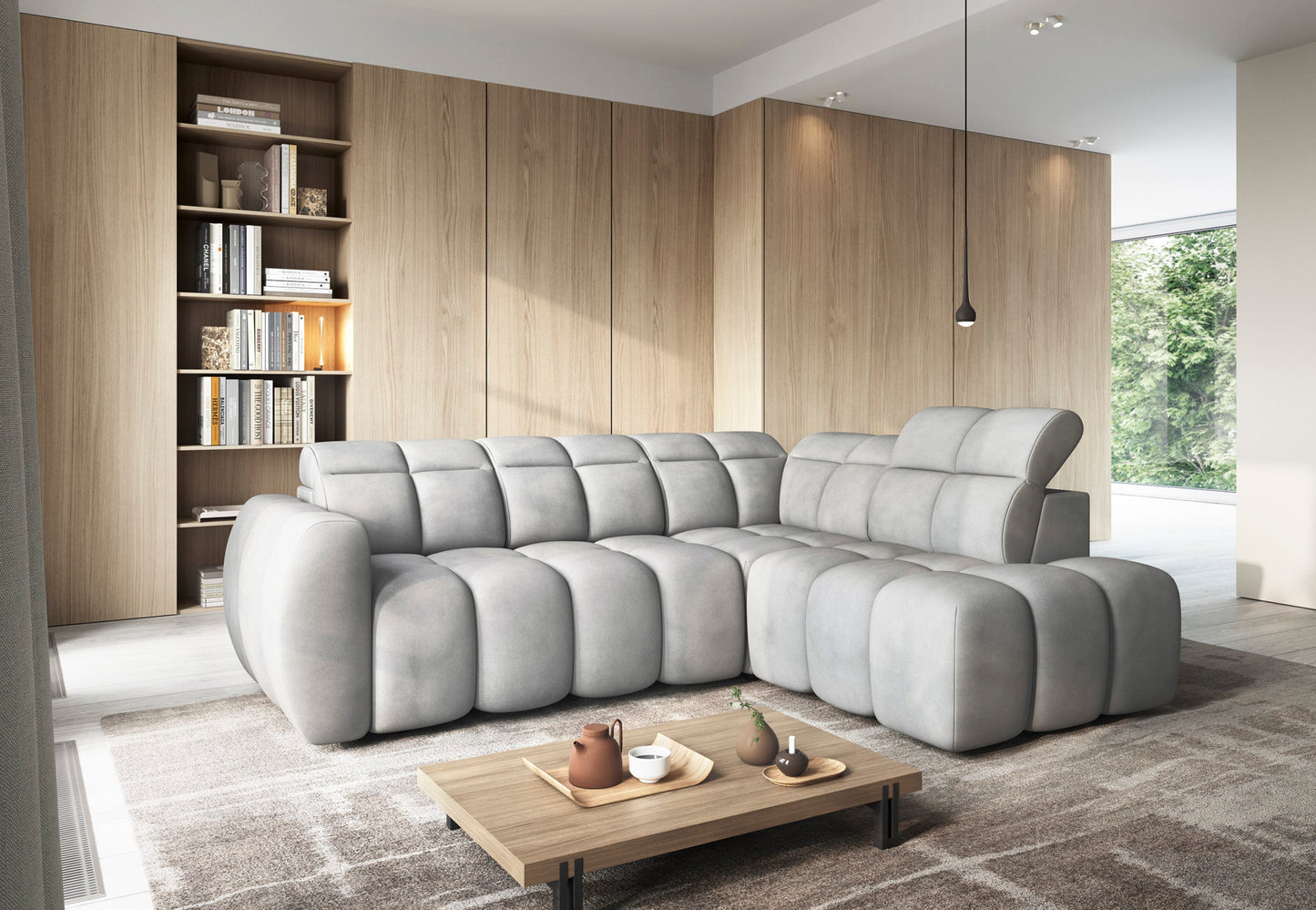 Narożnik Sola 04 w jasnoszarym kolorze – tapicerowana sofa narożna z regulowanymi zagłówkami i miękkim siedziskiem do nowoczesnego salonu.