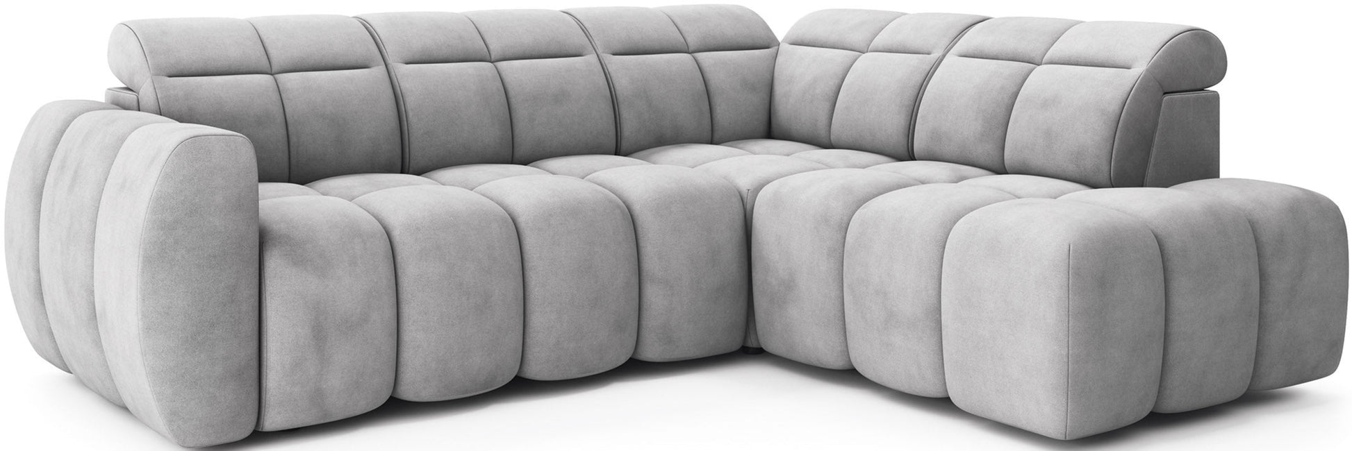 Narożnik tapicerowany Sola 04 w jasnoszarym kolorze – nowoczesna sofa modułowa z pikowanymi siedziskami i oparciami, idealna do salonu w stylu minimalistycznym.