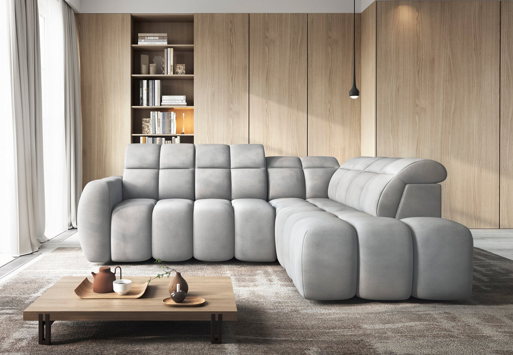 Nowoczesny narożnik Sola 04 w kolorze jasnoszarym – komfortowa sofa z regulowanymi zagłówkami i pikowanym siedziskiem do salonu.