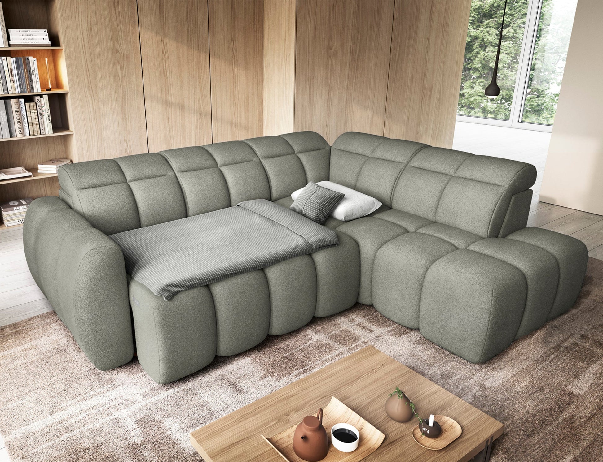 Rozłożony narożnik Xillar 100 w kolorze jasnozielonym, ustawiony w stylowym wnętrzu, z pościelą i poduszkami na funkcji spania.