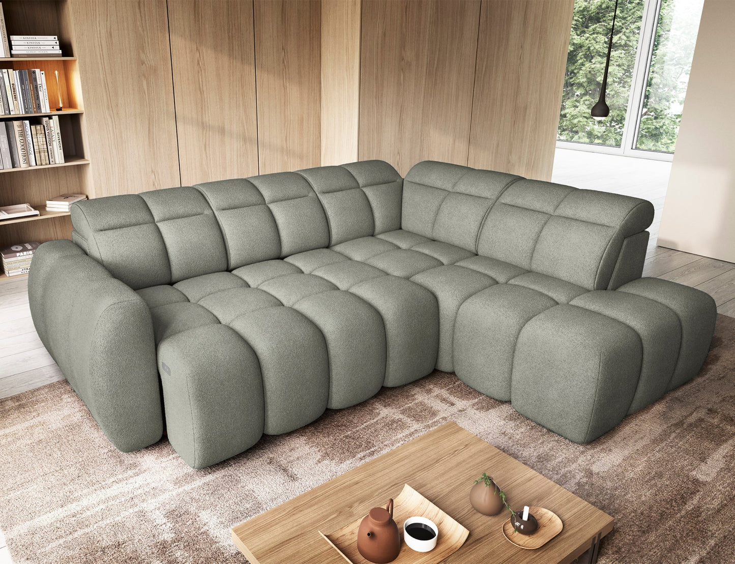 Narożnik Xillar 100 jasnozielony z funkcją spania, rozłożony w eleganckim salonie, z miękką tapicerką i nowoczesnym designem.