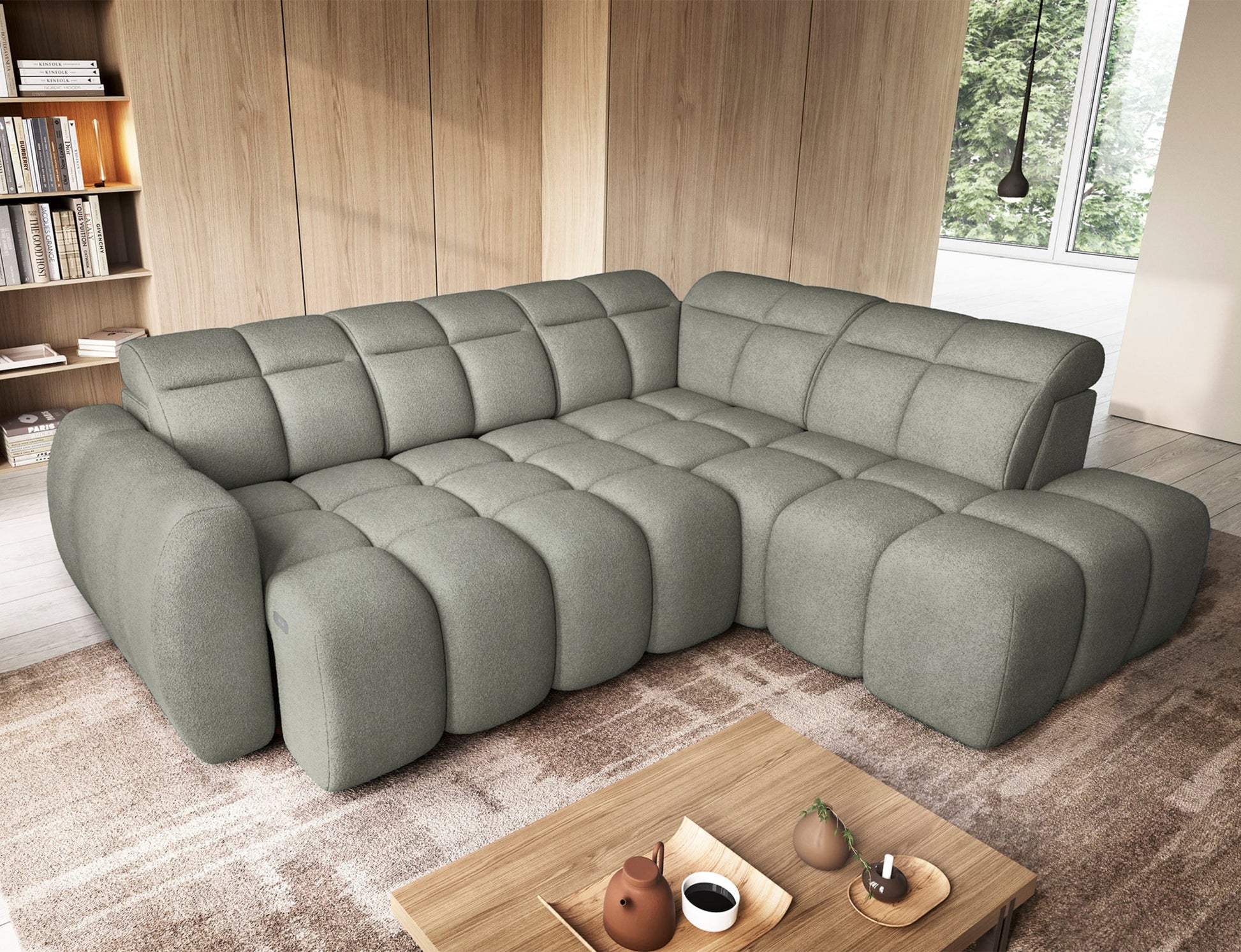 Narożnik Xillar 100 jasnozielony z funkcją spania, rozłożony w eleganckim salonie, z miękką tapicerką i nowoczesnym designem.