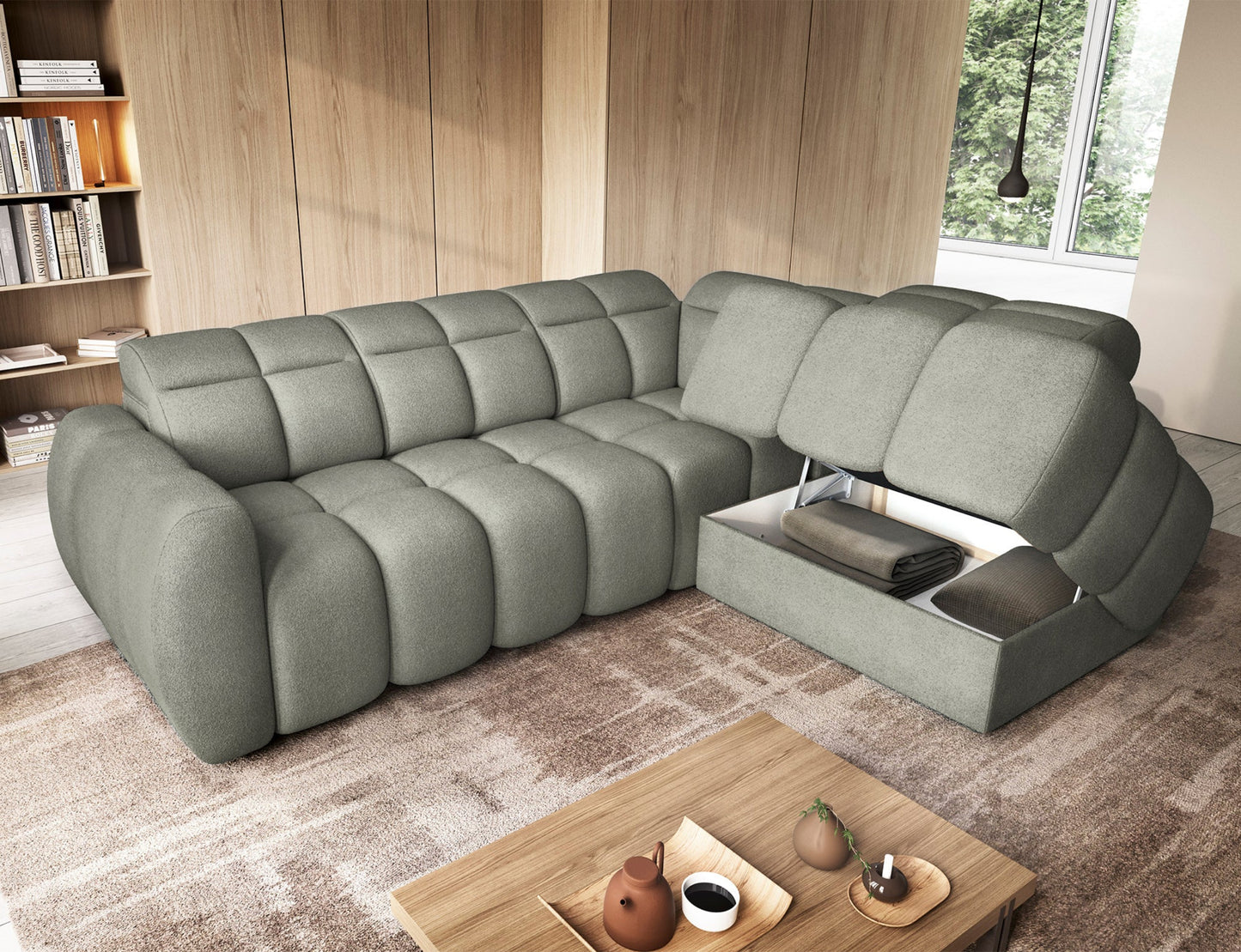 Narożnik Xillar 100 w kolorze jasnozielonym z otwartym pojemnikiem na pościel, eksponujący praktyczne miejsce do przechowywania.