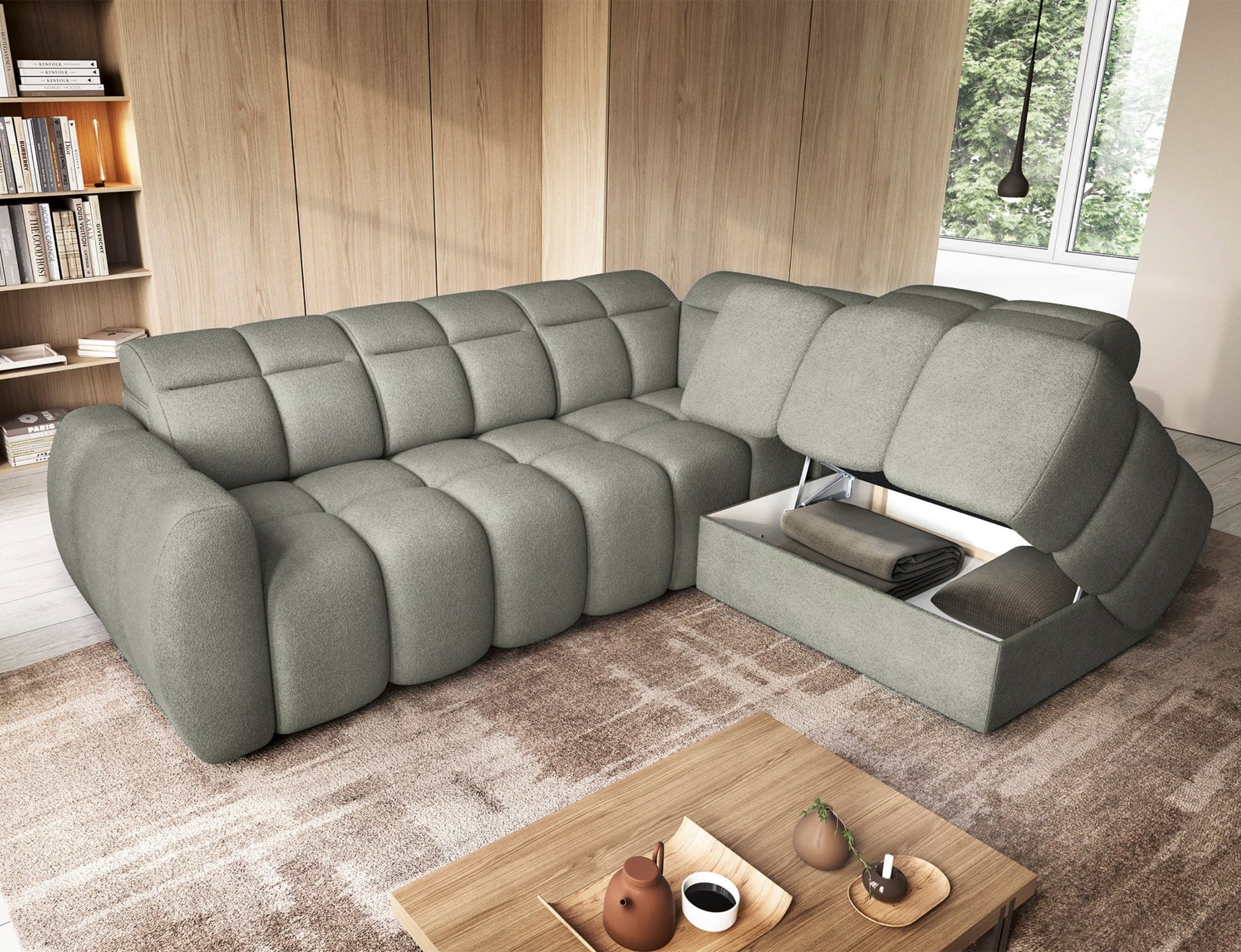 Narożnik Xillar 100 w kolorze jasnozielonym z otwartym pojemnikiem na pościel, eksponujący praktyczne miejsce do przechowywania.