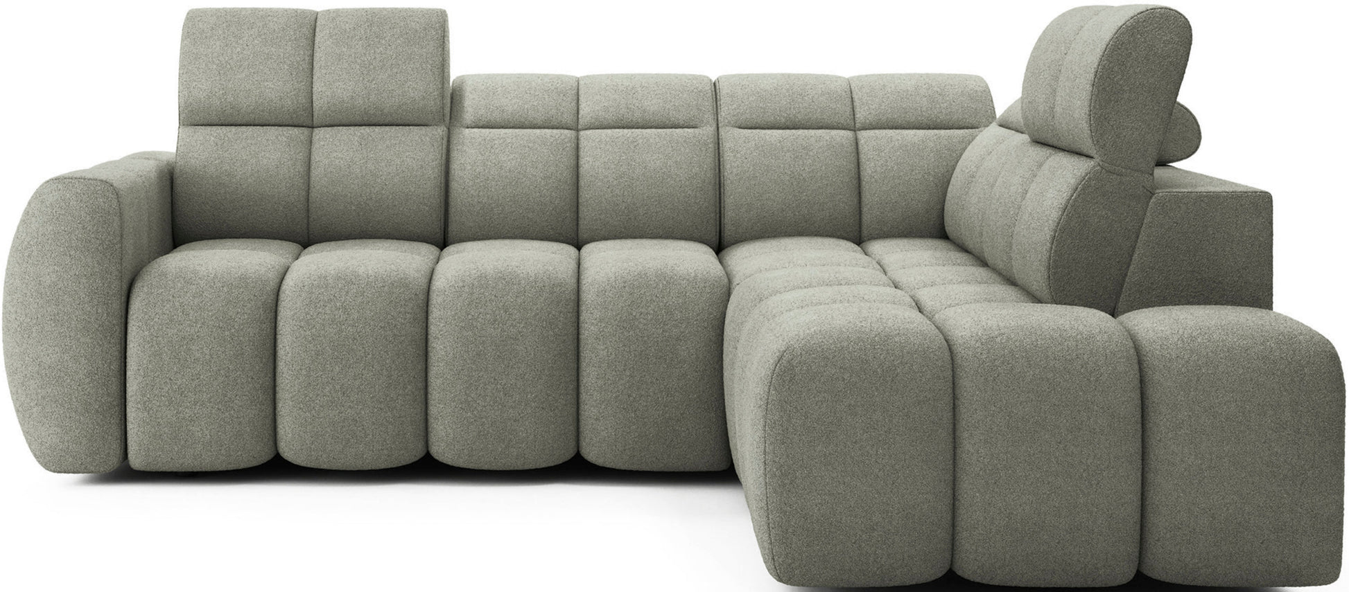 Narożnik Xillar 100 jasnozielony na białym tle, z pikowaną tapicerką, zaokrąglonymi siedziskami i regulowanym zagłówkiem.