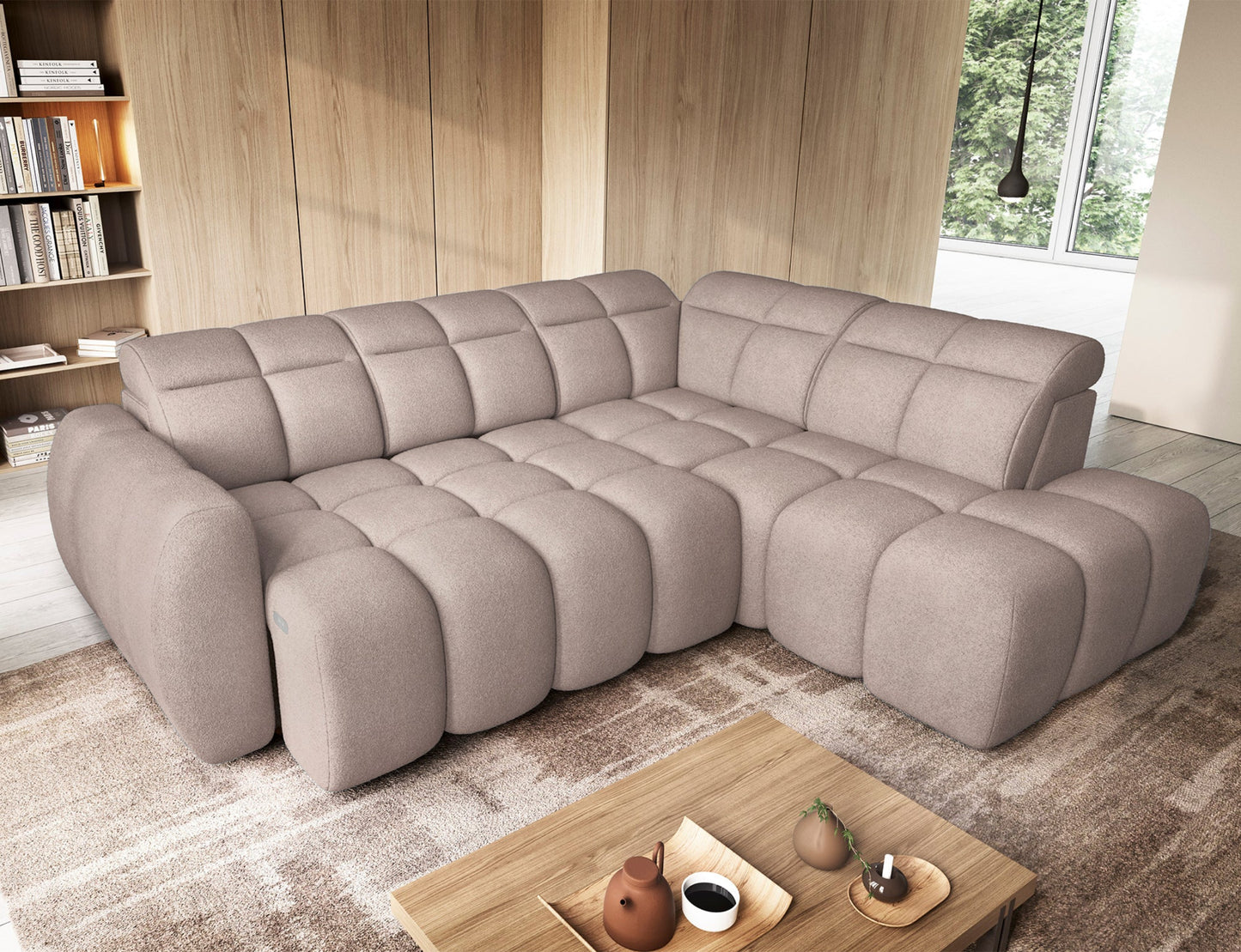 Narożnik Xillar 20 ciemnobeżowy z funkcją spania – nowoczesny mebel w salonie z rozłożoną powierzchnią do spania i pikowaną tapicerką.