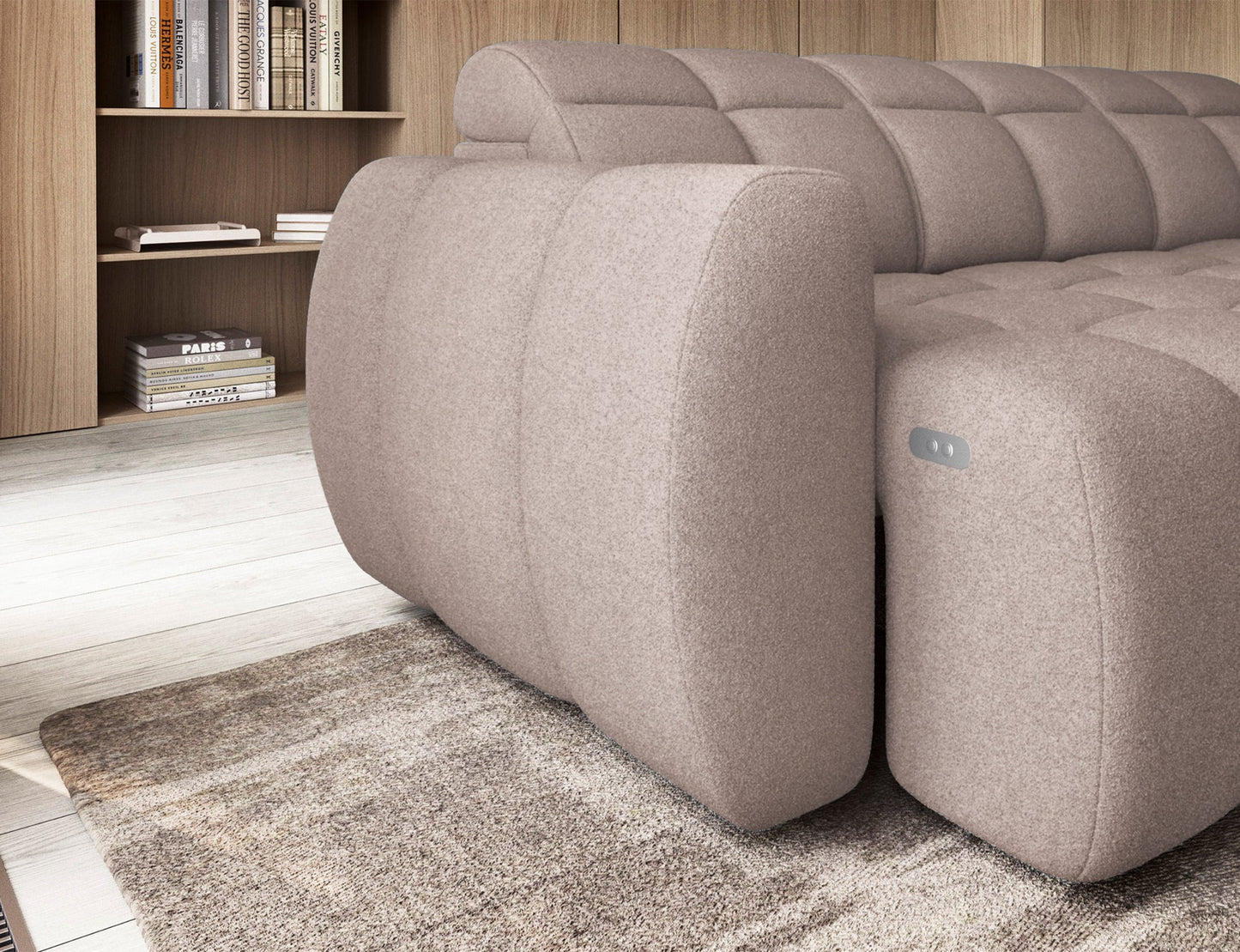 Zbliżenie na boczek narożnika Xillar 20 ciemnobeżowy z widocznym panelem sterowania funkcją wysuwanego siedziska.