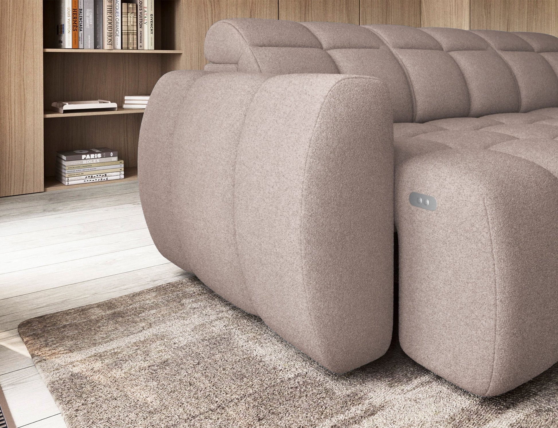 Zbliżenie na boczek narożnika Xillar 20 ciemnobeżowy z widocznym panelem sterowania funkcją wysuwanego siedziska.