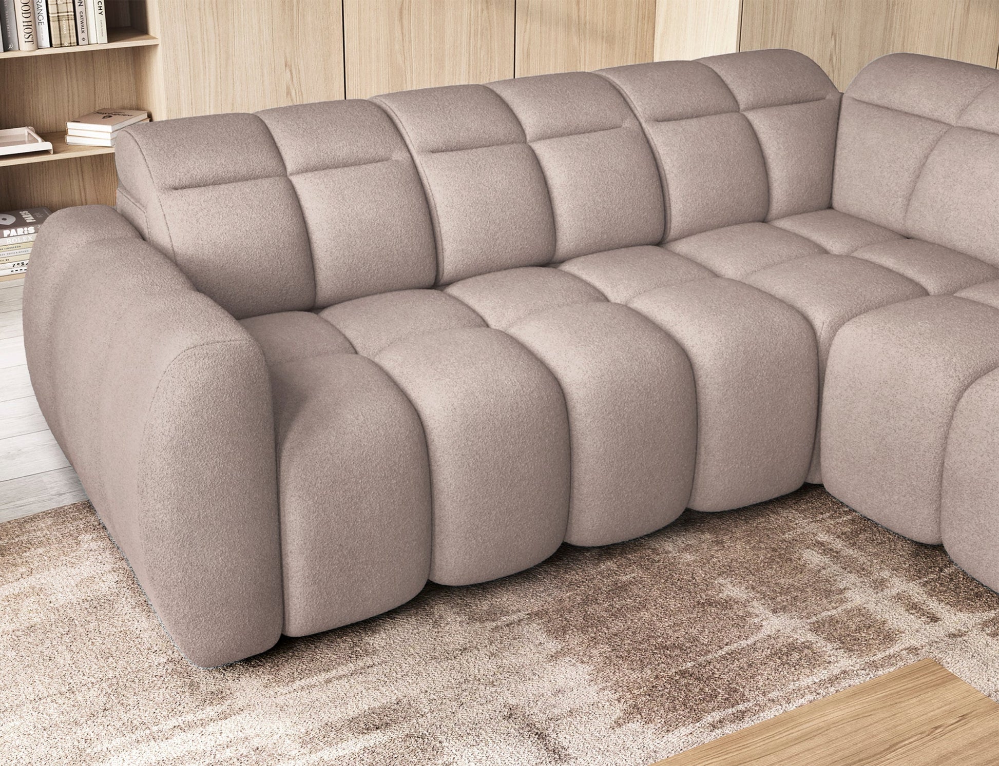 Zbliżenie na narożnik Xillar 20 ciemnobeżowy – wsunięte siedzisko podkreślające estetykę i funkcjonalność modułowej konstrukcji.