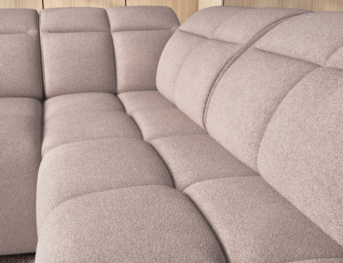 Zbliżenie na siedzisko i oparcia narożnika Xillar 20 w tkaninie ciemnobeżowej, prezentujące miękkie pikowania i komfortowe wyprofilowanie.