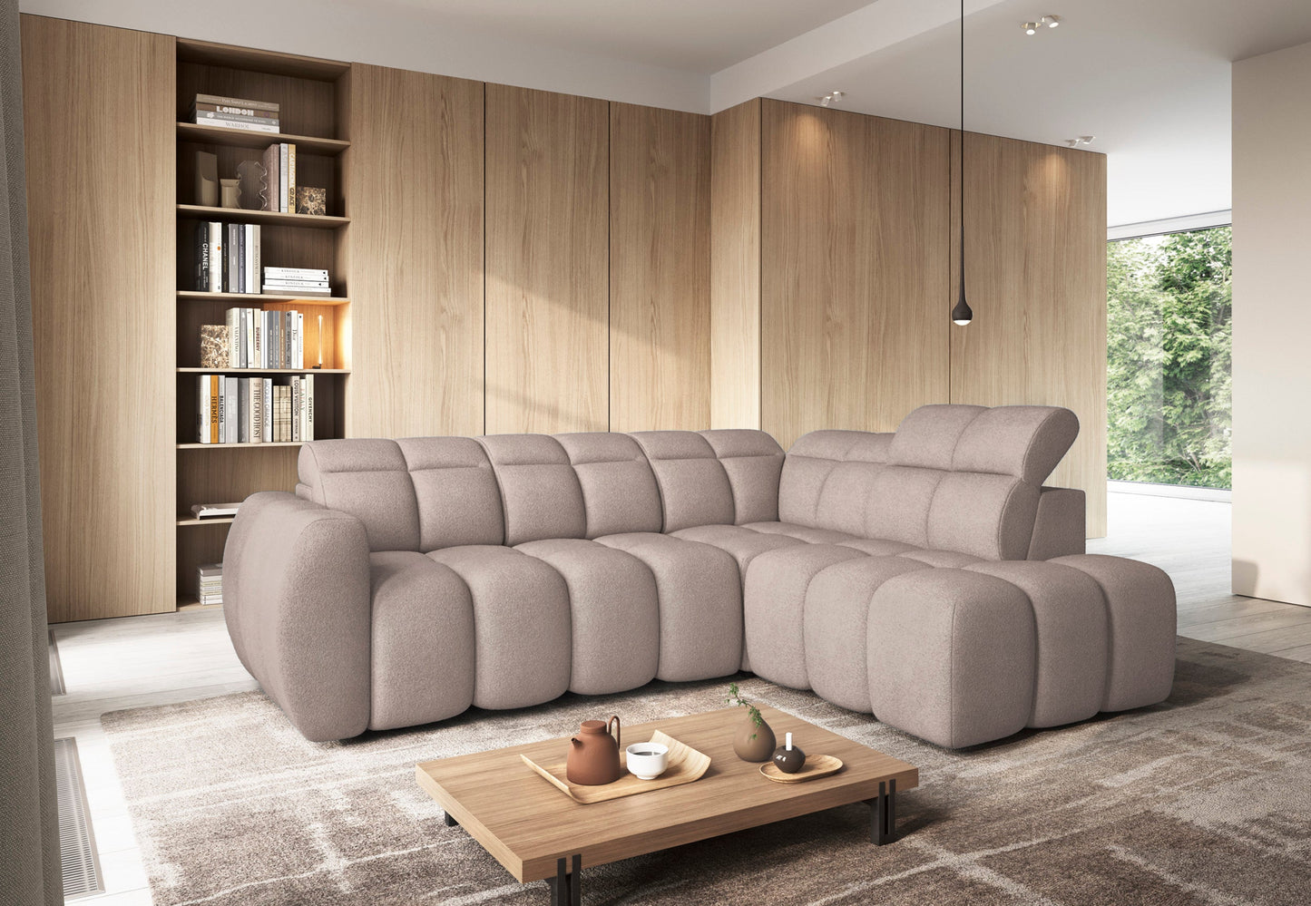 Nowoczesny narożnik Xillar 20 ciemnobeżowy w aranżacji salonu – miękkie moduły, funkcjonalne zagłówki, elegancki design.