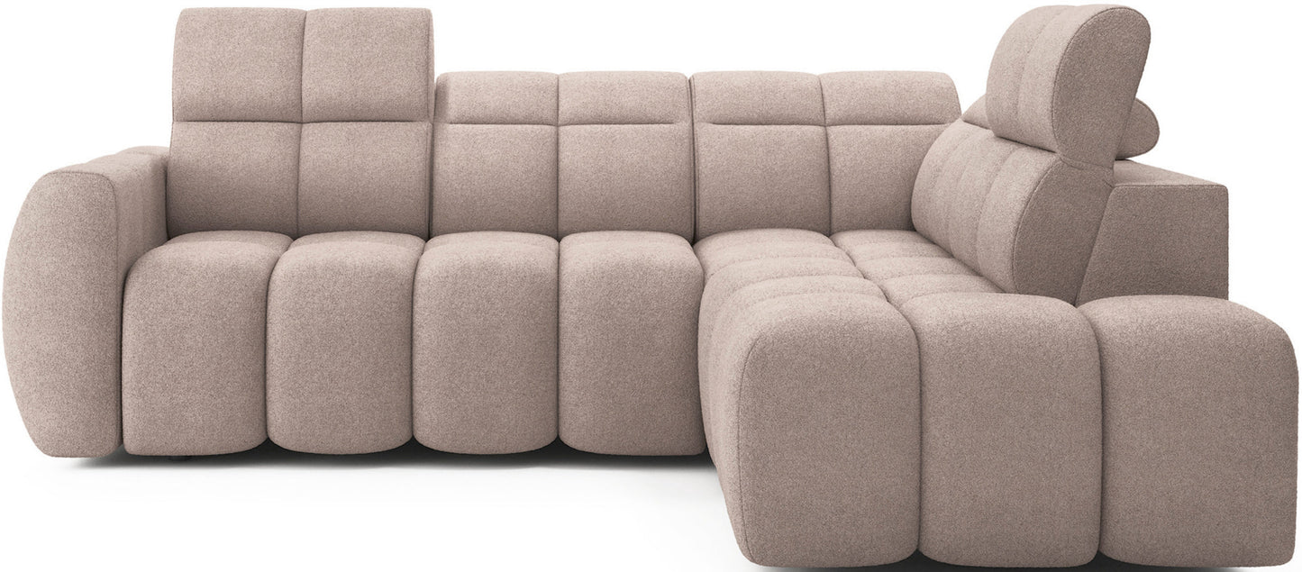 Ciemnobeżowy narożnik Xillar 20 – frontowy widok nowoczesnego modelu z pikowaniem, modułową konstrukcją i regulowanymi zagłówkami.