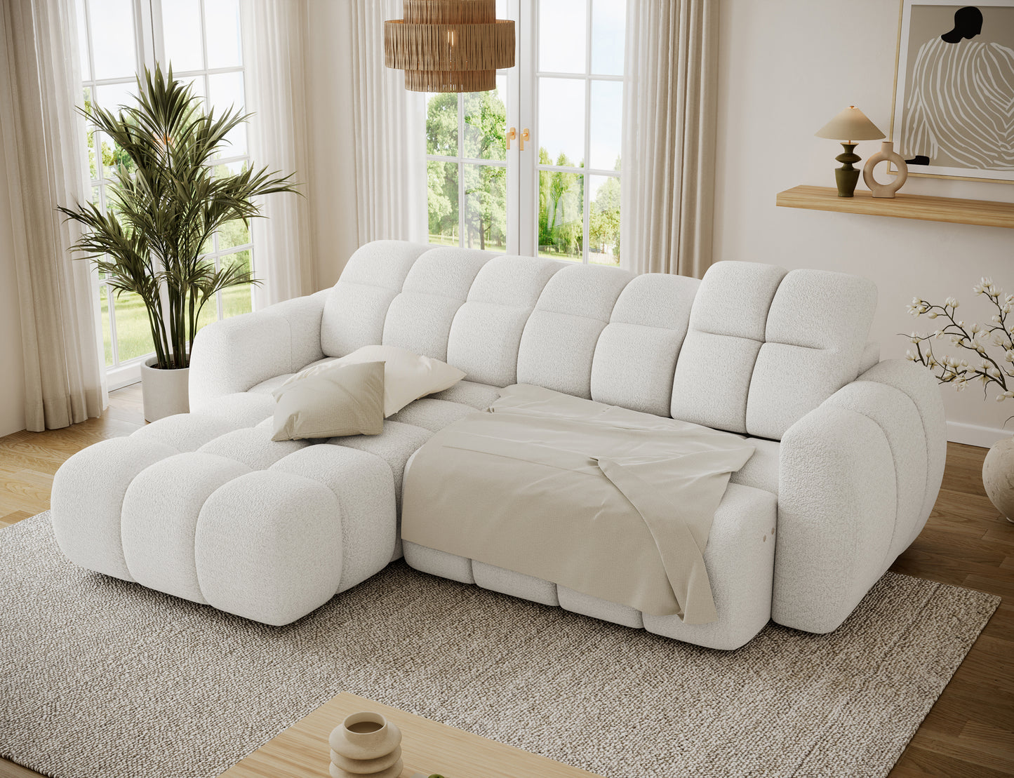 Narożnik Fanito lewy Royal 01 mleczna biel z rozłożoną funkcją spania 85×232 cm, uruchamianą elektrycznym wysuwem siedziska
