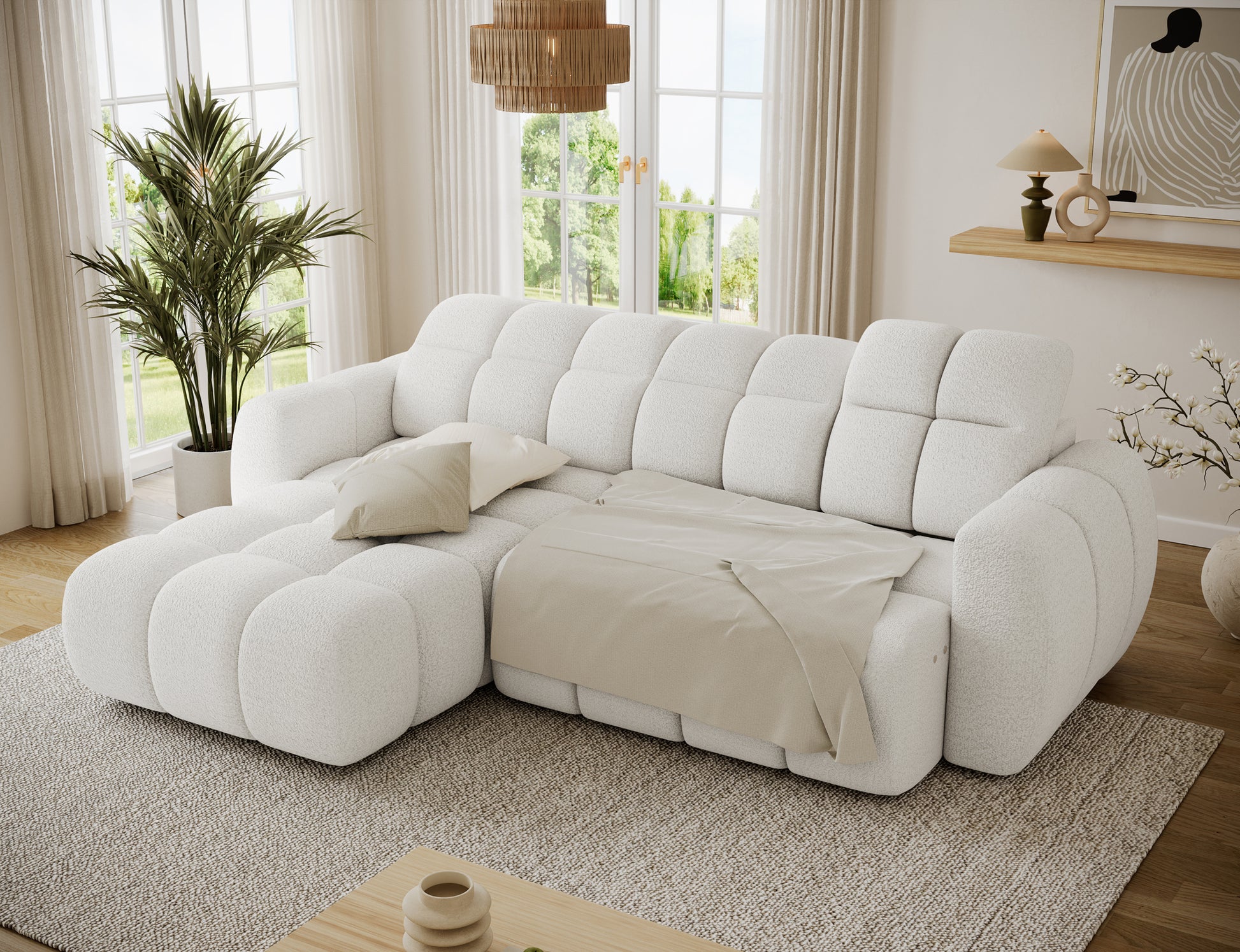 Narożnik Fanito lewy Royal 01 mleczna biel z rozłożoną funkcją spania 85×232 cm, uruchamianą elektrycznym wysuwem siedziska