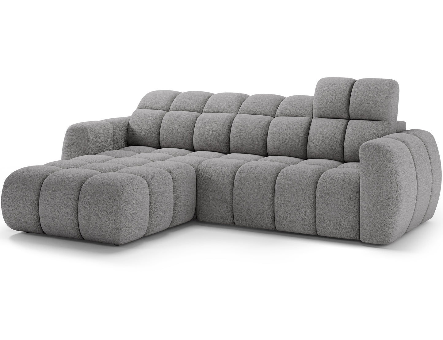Narożnik Fanito lewy w tkaninie Royal 04 jasny stalowy, ujęcie pod skosem z szerokim szezlongiem i regulowanymi zagłówkami