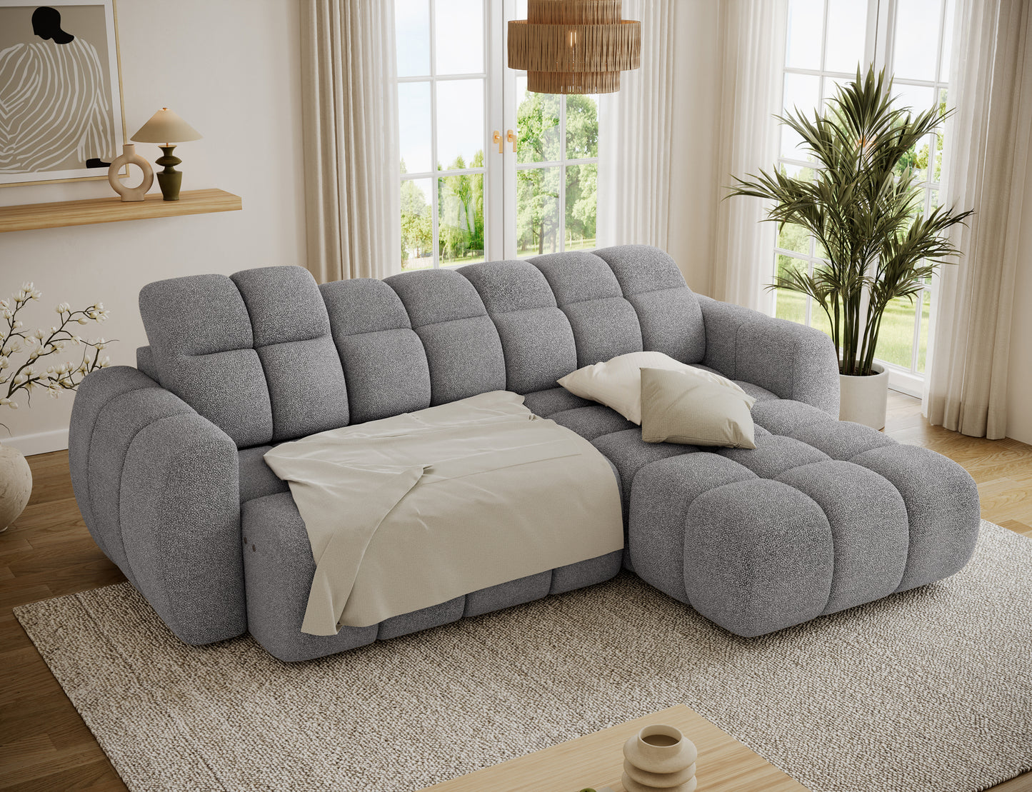 Narożnik Fanito prawy w szarej tkaninie Paolli 04 z rozłożoną funkcją spania 85×232 cm, uruchamianą elektrycznym wysuwem siedziska