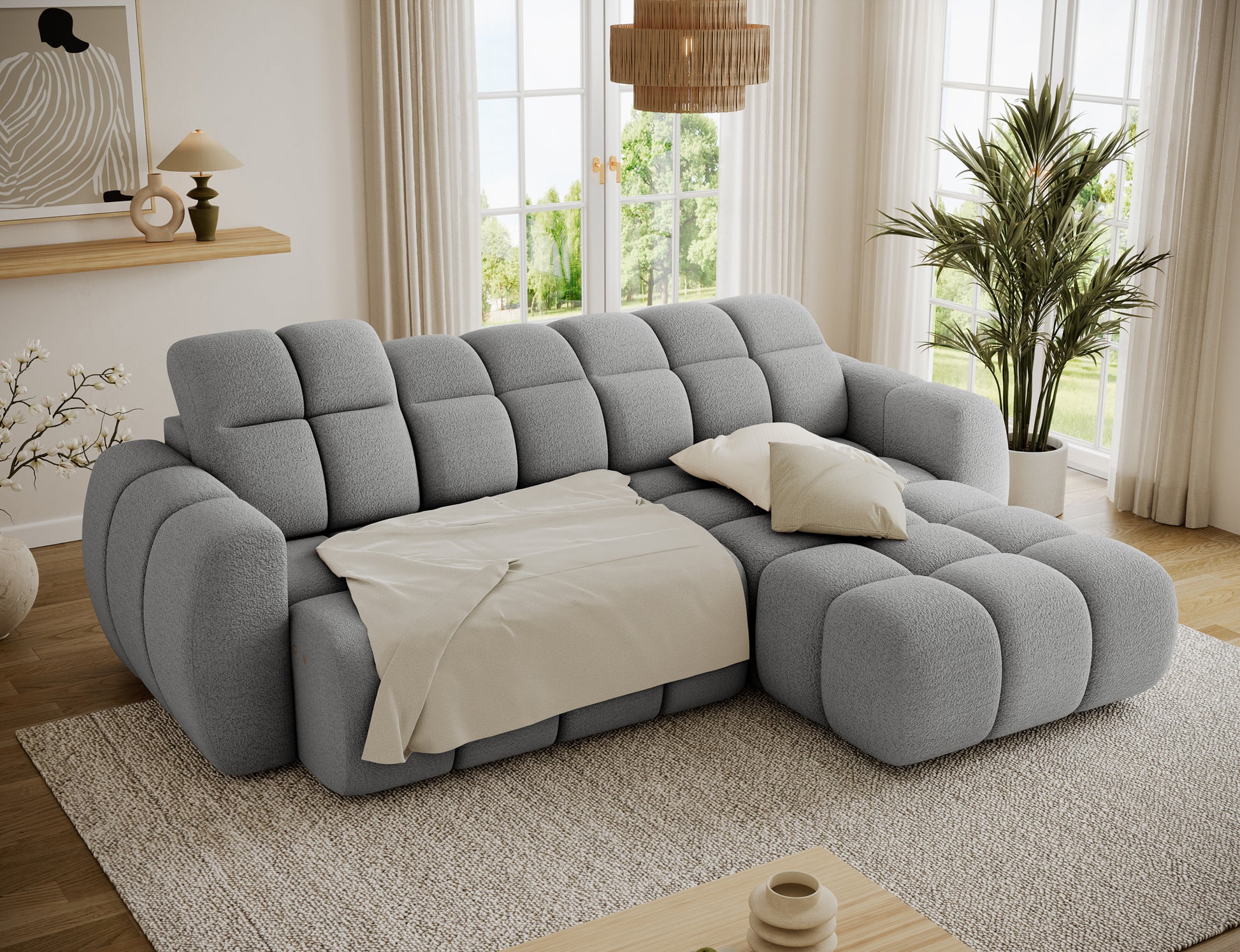 Narożnik Fanito prawy Royal 04 jasny stalowy z rozłożoną funkcją spania 85×232 cm, uruchamianą elektrycznym wysuwem siedziska