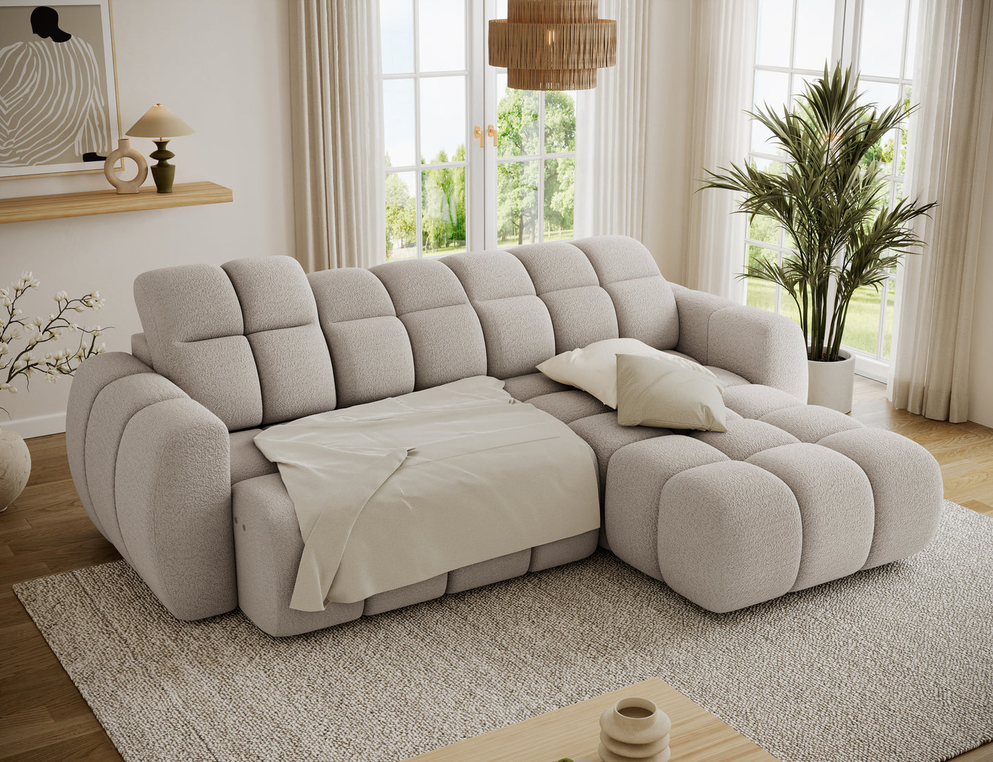 Narożnik Fanito prawy Royal 18 kaszmir piaskowy z rozłożoną funkcją spania 85×232 cm, uruchamianą elektrycznym wysuwem siedziska