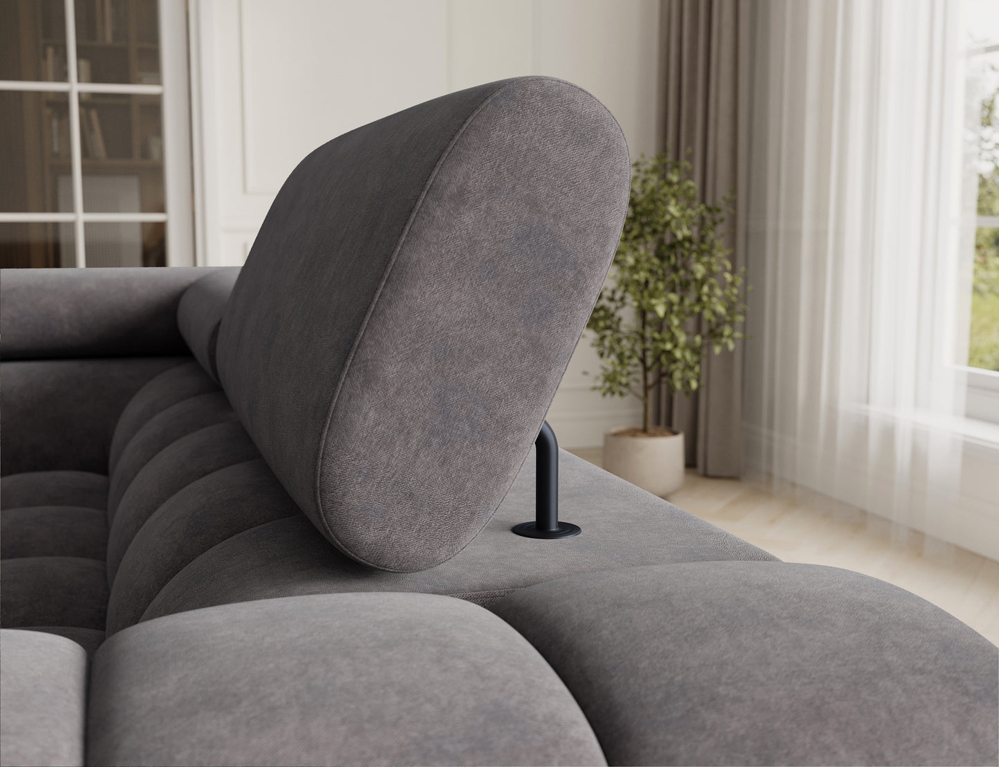 Narożnik Fectory z funkcjonalnym zagłówkiem, podkreślający wygodę i nowoczesne akcenty mebla.