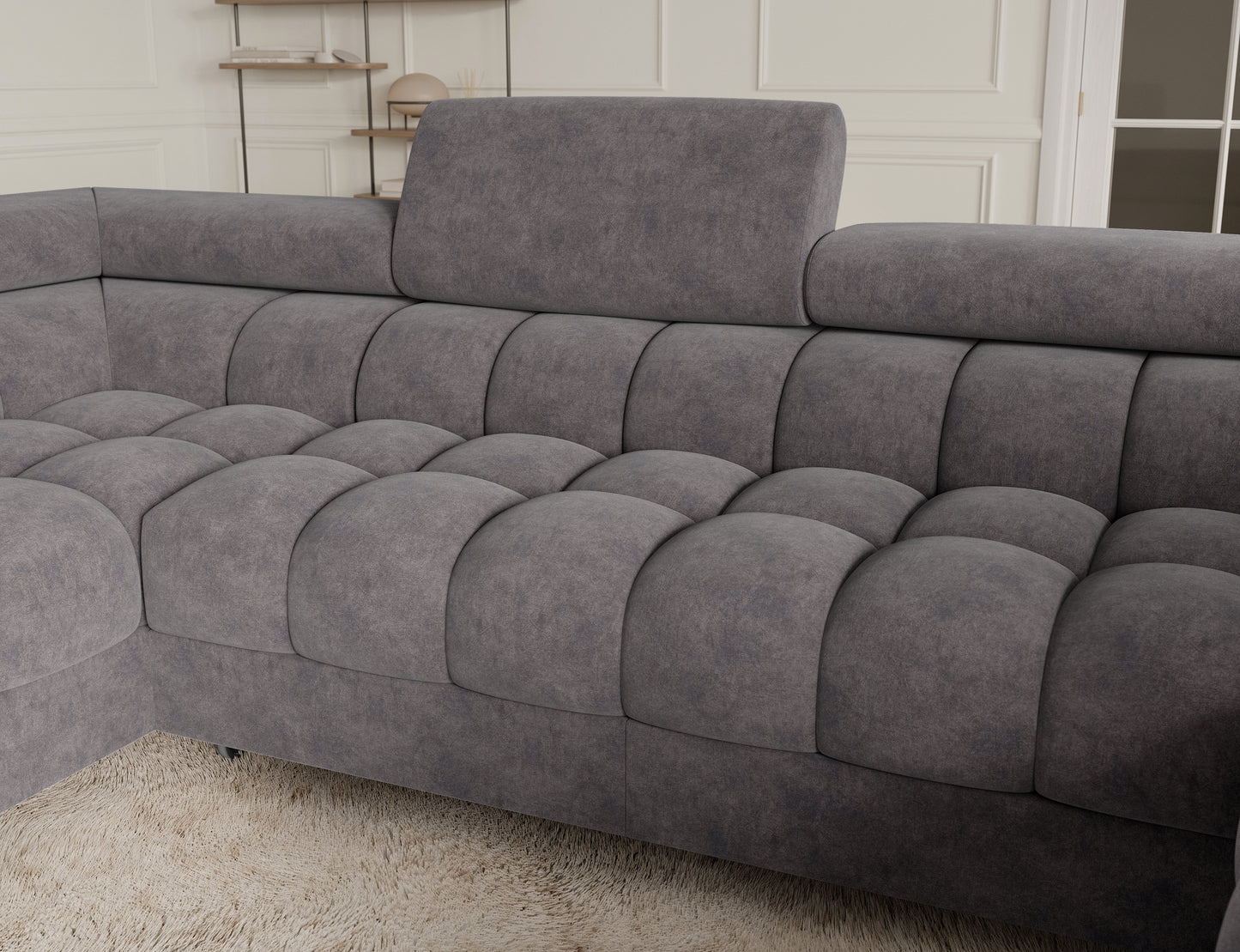 Widok na komfortową część narożnika Fectory z zaokrąglonymi krawędziami, idealny do nowoczesnych wnętrz.