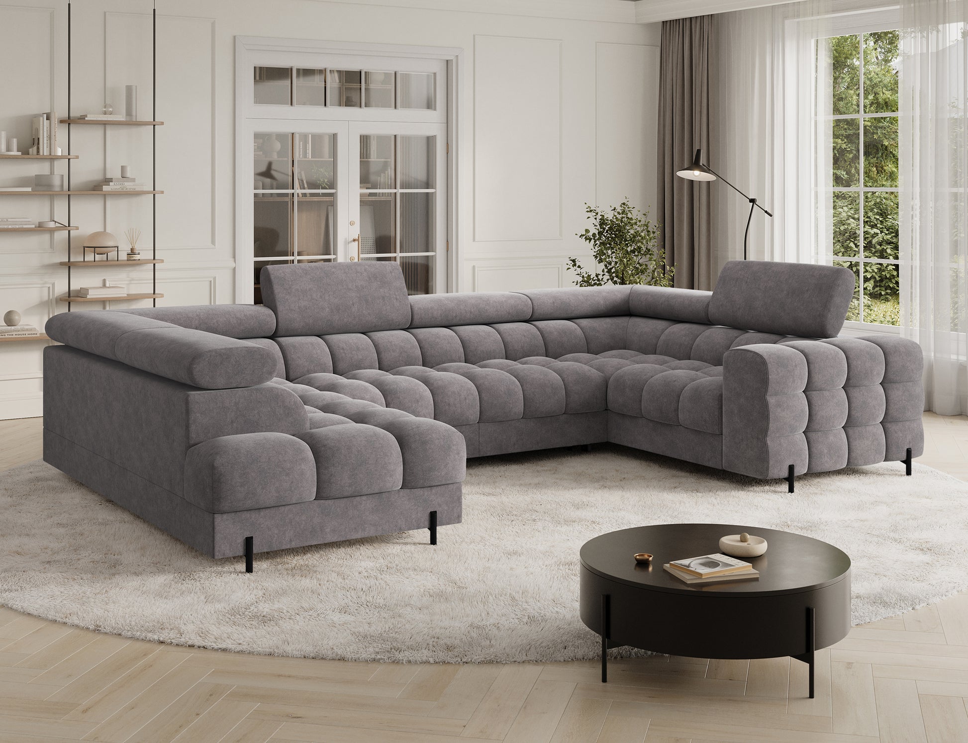 Narożnik Fectory lewy Aura 04 szary – widok z perspektywy skośnej, pikowane siedzisko, komfortowe oparcie, czarne metalowe nogi