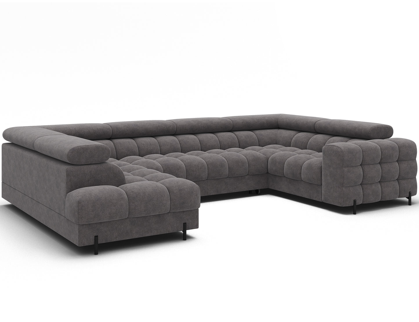 Narożnik Fectory lewy Aura 04 szary – widok z góry, funkcja spania rozłożona, pikowane siedzisko, regulowane zagłówki