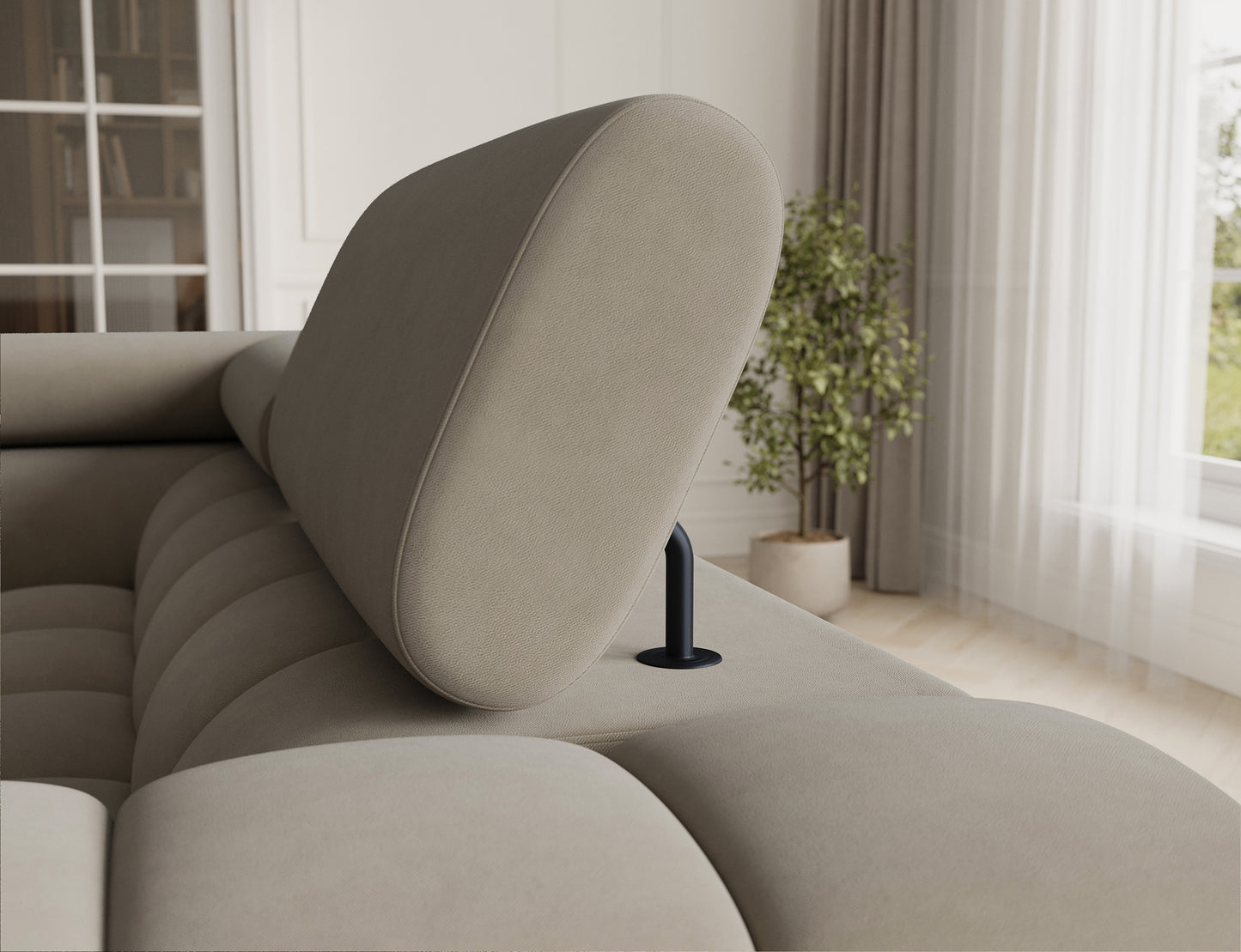 Narożnik Fectory lewy Aura 18 kremowy – zbliżenie na regulowany zagłówek, prosty mechanizm ustawienia, komfortowe oparcie