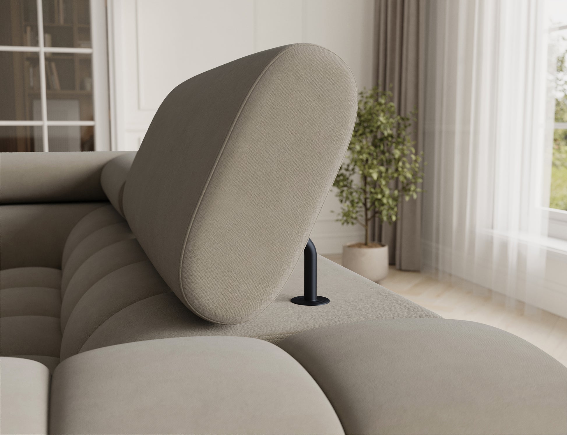 Narożnik Fectory lewy Aura 18 kremowy – zbliżenie na regulowany zagłówek, prosty mechanizm ustawienia, komfortowe oparcie