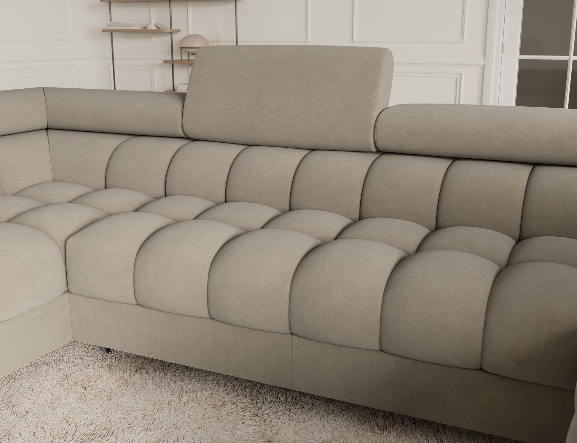 Narożnik Fectory lewy Aura 18 kremowy – widok na siedzisko z głębokim pikowaniem, wysoki komfort, stabilne wsparcie