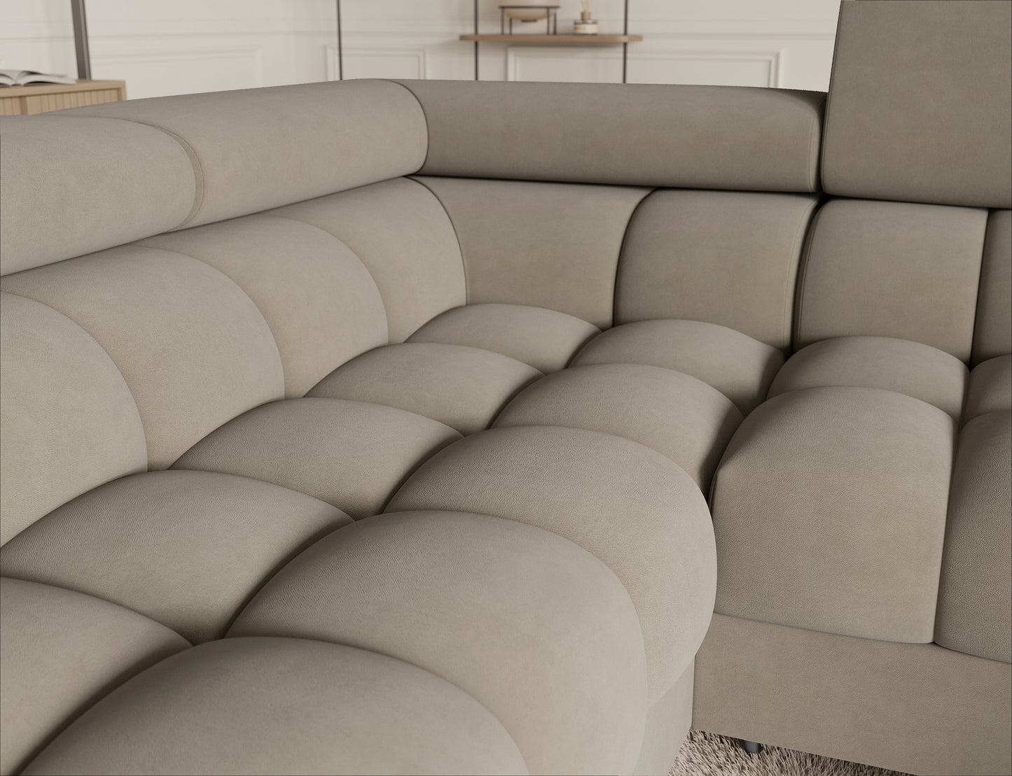 Narożnik Fectory lewy Aura 18 kremowy – detal siedziska, miękkie pikowanie, wygodne oparcie, elegancki wygląd w aranżacji wnętrza