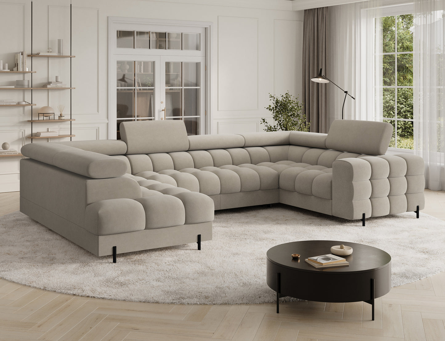 Narożnik Fectory lewy Aura 18 kremowy – nowoczesny U-kształt, głębokie pikowanie, wysoki komfort; widok od przodu na całość