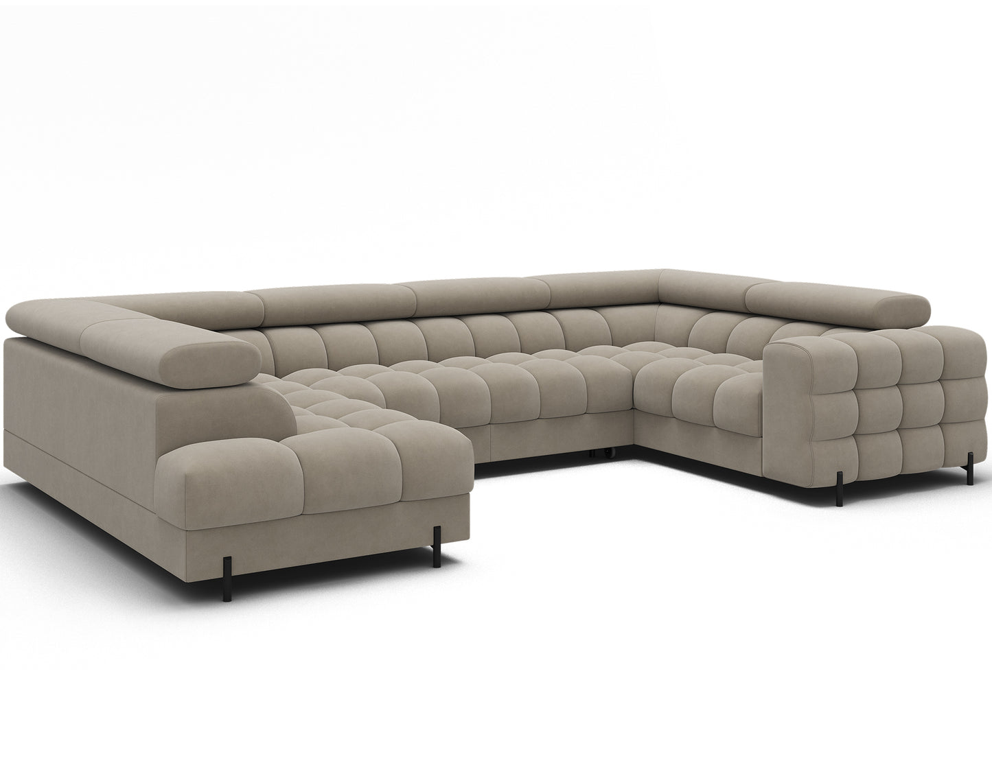 Narożnik Fectory lewy Aura 18 kremowy – U-kształtny, pikowane siedziska, regulowane zagłówki, czarne nogi; ujęcie w aranżacji salonu