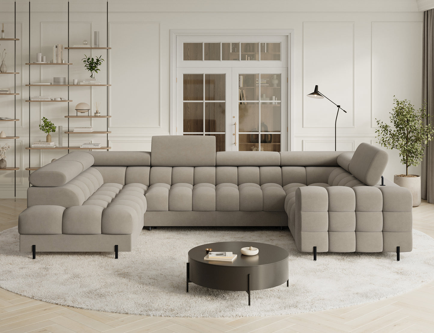 Narożnik Fectory lewy Aura 18 kremowy – nowoczesny U-kształt, głębokie pikowanie, regulowane zagłówki, czarne nogi, ujęcie skośne