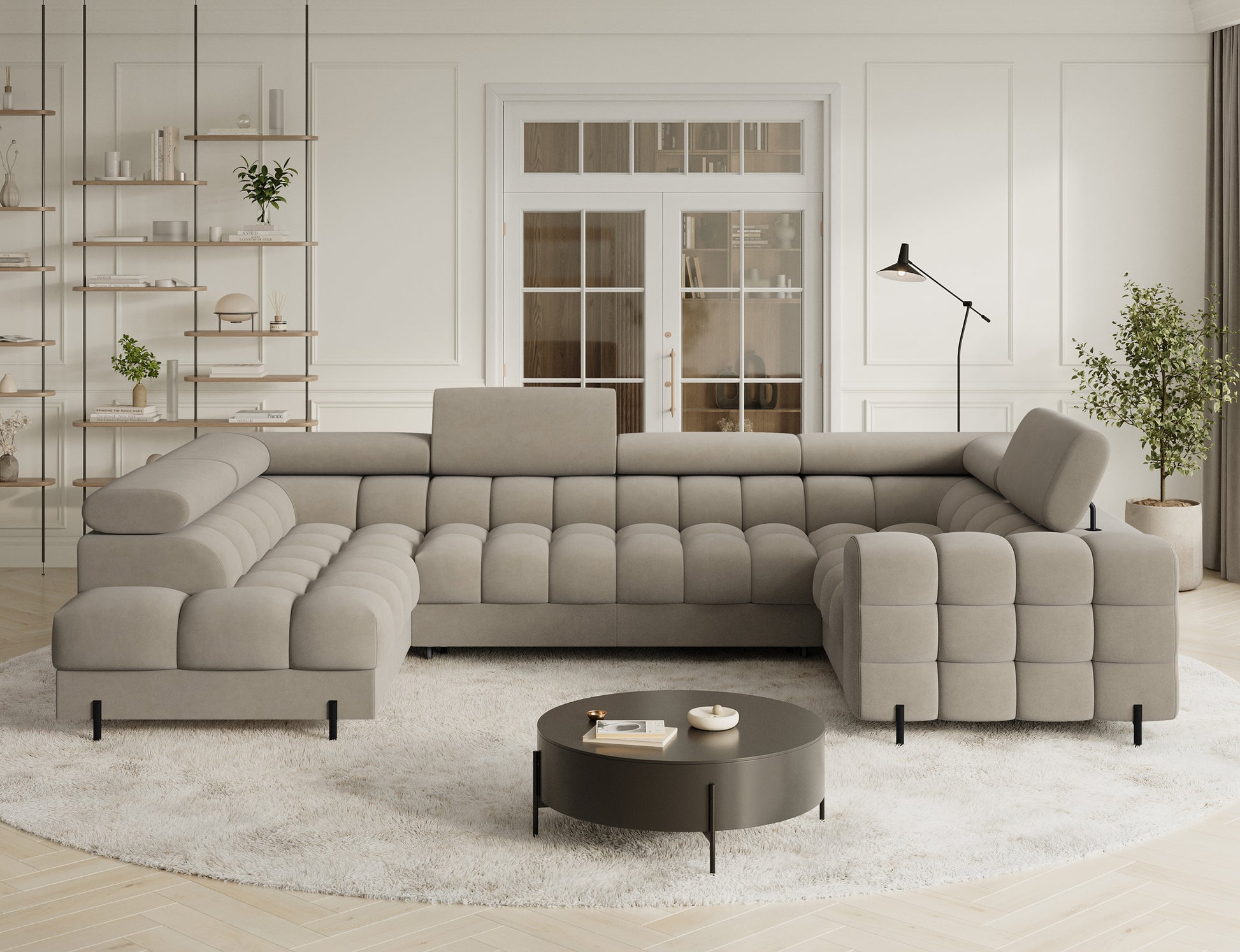 Narożnik Fectory lewy Aura 18 kremowy – nowoczesny U-kształt, głębokie pikowanie, regulowane zagłówki, czarne nogi, ujęcie skośne